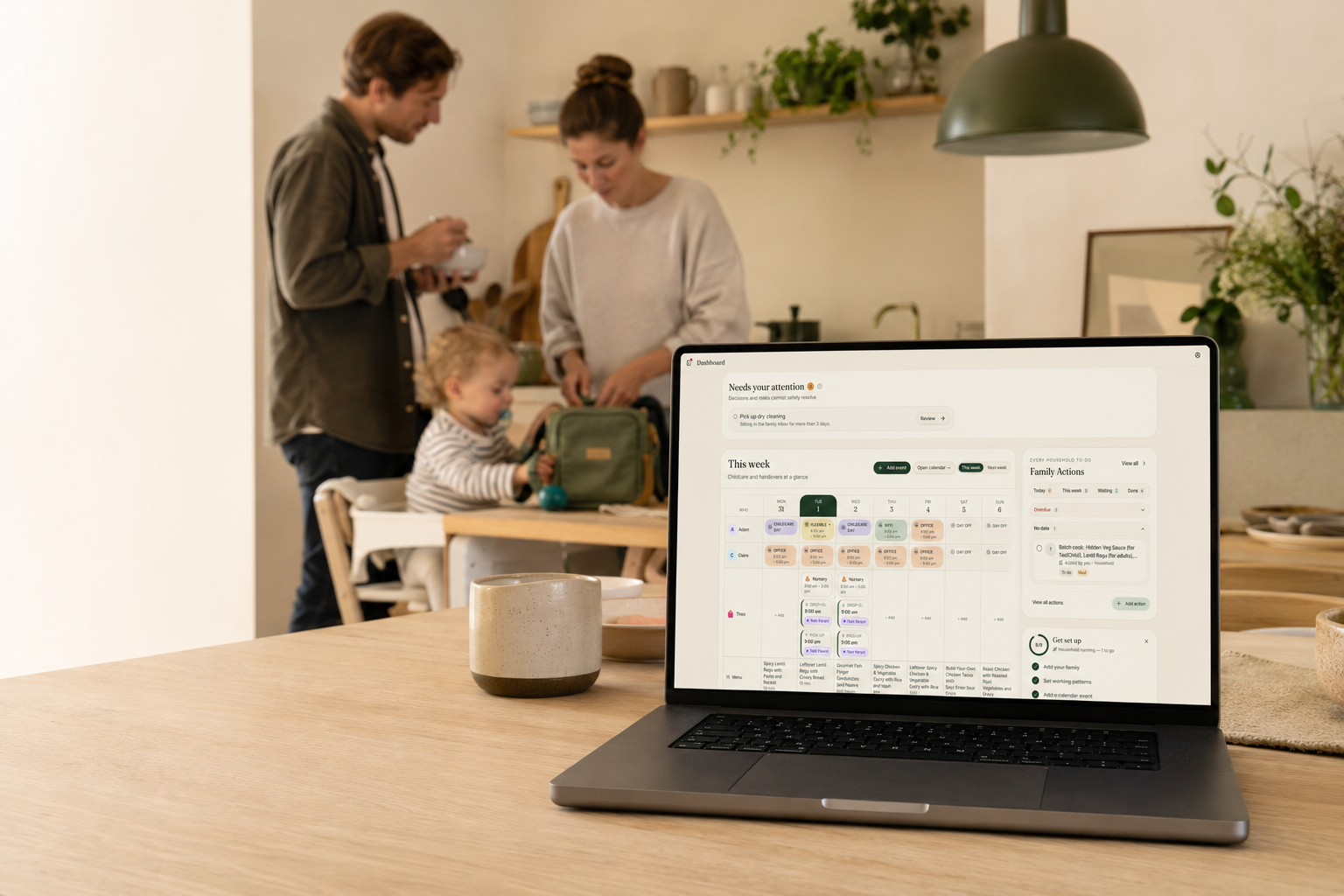 The Elow dashboard open on a laptop in a calm family kitchen