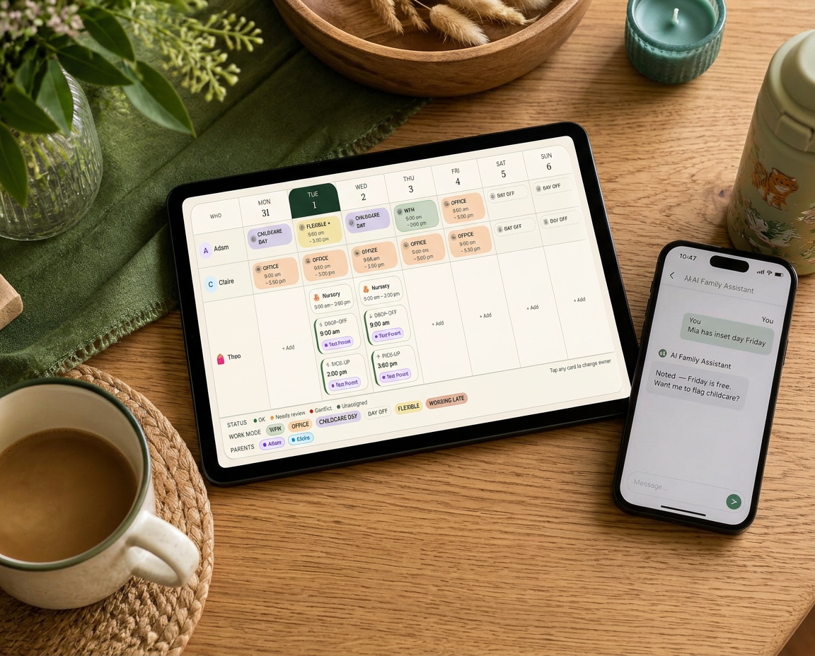 A warm kitchen table with a tablet showing the Elow family calendar and a phone displaying the assistant chat, beside a cup of tea